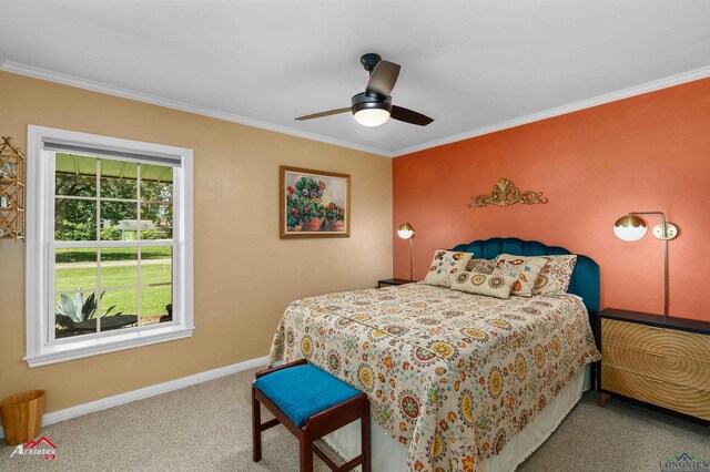 589 County Road 183, Carthage, TX 75633 - carpeted bedroom with crown molding, baseboards, and ceiling fan
