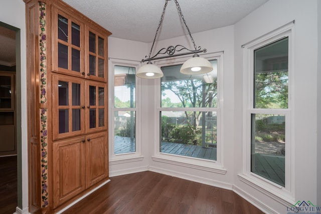 unfurnished dining area featuring dark hardwood / wood-style floors and a textured ceiling