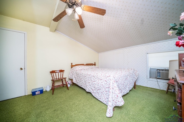 carpeted bedroom featuring ceiling fan, cooling unit, and vaulted ceiling