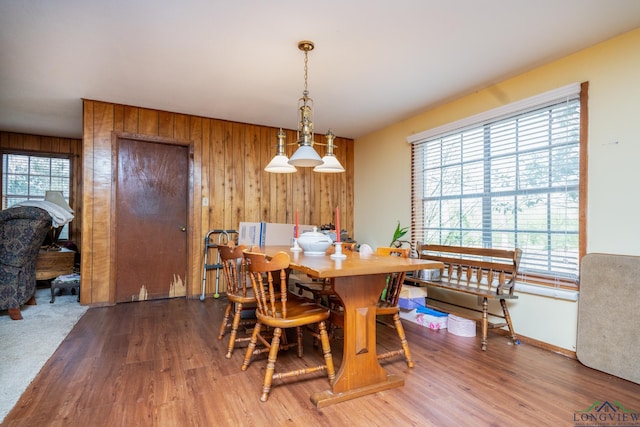 dining space with hardwood / wood-style floors and wooden walls