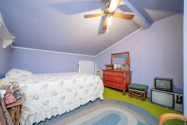 bedroom with ceiling fan, carpet, and lofted ceiling with beams