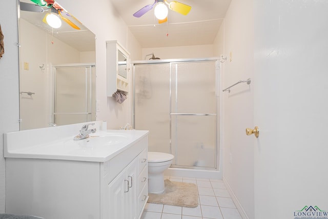 316 County Road 2750, Hughes Springs, TX 75656 - bathroom featuring a ceiling fan, a stall shower, tile patterned floors, and vanity