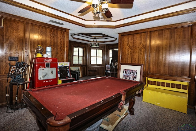 playroom with ornamental molding, carpet floors, billiards, and a tray ceiling