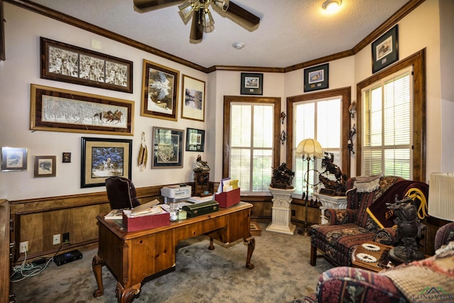 carpeted office featuring wood walls, ceiling fan, a healthy amount of sunlight, and a textured ceiling