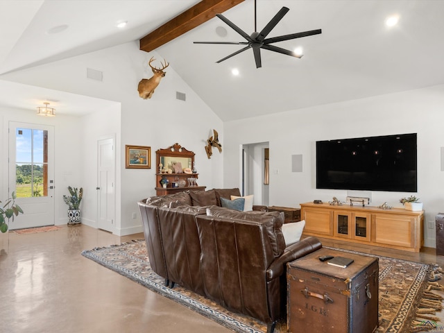 3472 Fm 2869, Hawkins, TX 75765 - living area with beamed ceiling, a ceiling fan, high vaulted ceiling, finished concrete floors, and recessed lighting