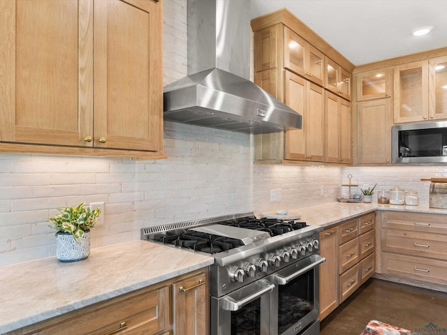 3472 Fm 2869, Hawkins, TX 75765 - kitchen with appliances with stainless steel finishes, wall chimney range hood, backsplash, glass insert cabinets, and concrete floors