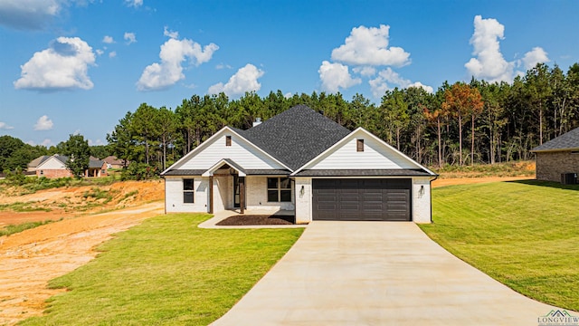 view of front of house with a garage, a front lawn, and central air condition unit