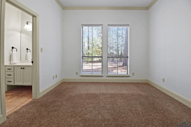 carpeted empty room featuring crown molding