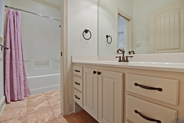 bathroom with vanity and shower / tub combo with curtain