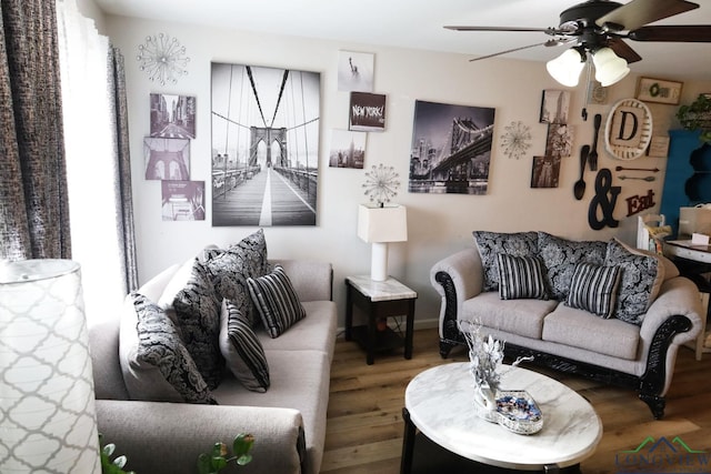 living room featuring ceiling fan and wood-type flooring