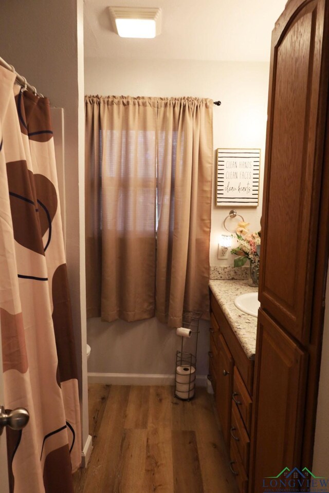 bathroom with vanity and hardwood / wood-style flooring