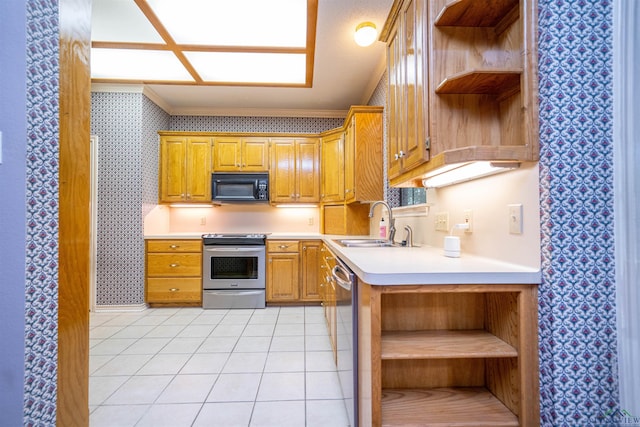 9211 Elm Tree Cir, Tyler, TX 75703 - kitchen with open shelves, stainless steel appliances, a sink, light countertops, and light tile patterned floors