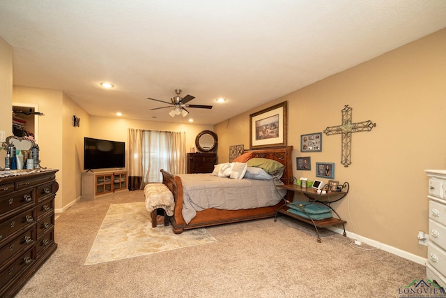 3365 Omie Dr, Longview, TX 75605 - bedroom featuring light colored carpet, recessed lighting, baseboards, and ceiling fan