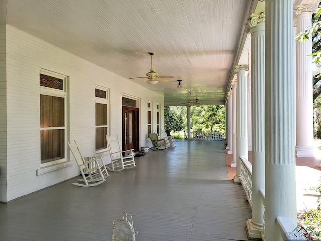 view of patio / terrace featuring ceiling fan and a porch