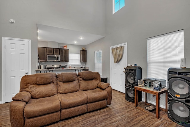 living room with a towering ceiling and dark wood-type flooring