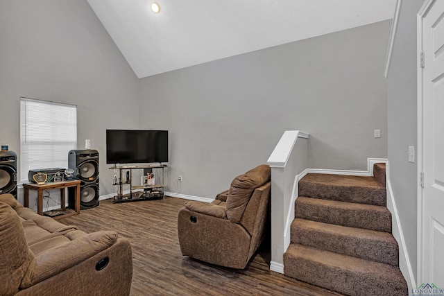 living room featuring high vaulted ceiling and dark wood-type flooring