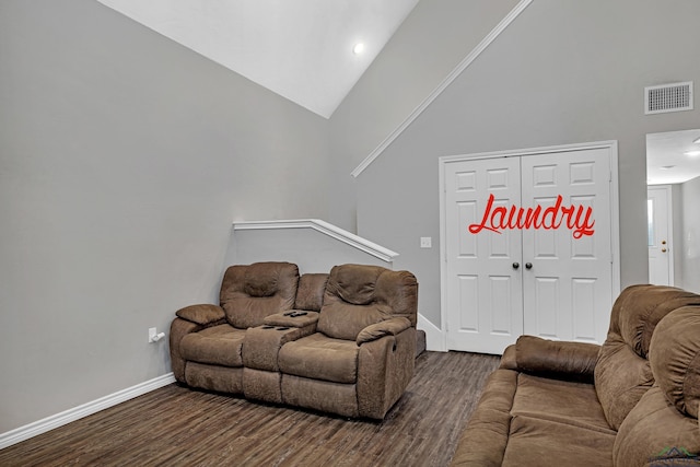 living room featuring high vaulted ceiling and dark hardwood / wood-style floors