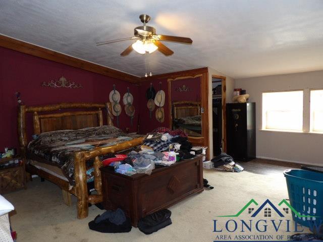 carpeted bedroom with ceiling fan