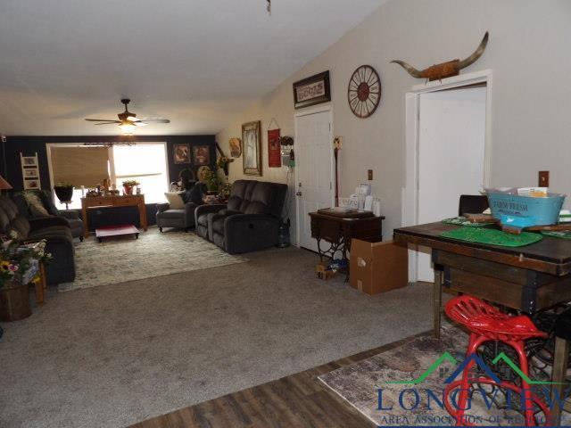 living room with hardwood / wood-style floors and ceiling fan