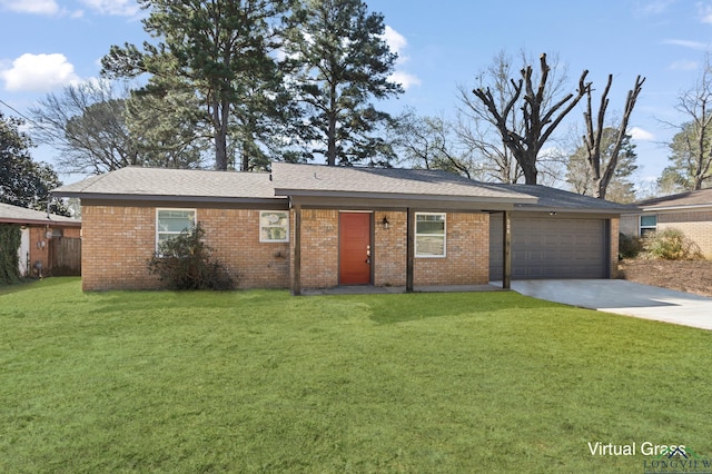 single story home featuring concrete driveway, brick siding, an attached garage, and a front yard