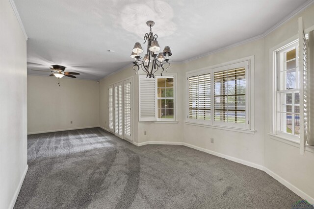 3 Ramblewood Dr, Longview, TX 75605 - carpeted empty room featuring a chandelier, baseboards, ceiling fan, and crown molding