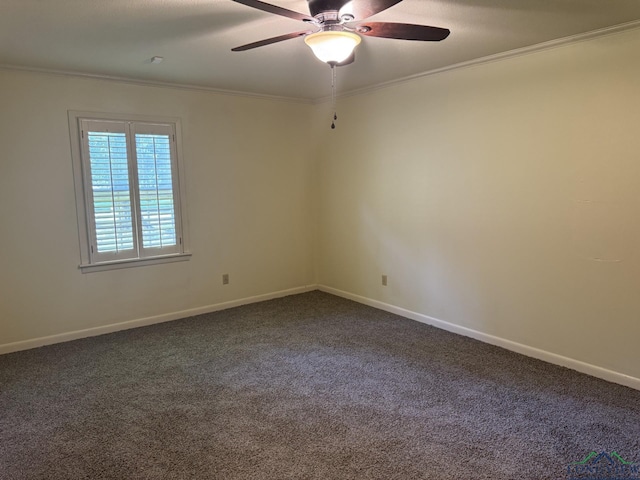 3 Ramblewood Dr, Longview, TX 75605 - spare room with dark colored carpet, ceiling fan, ornamental molding, and baseboards