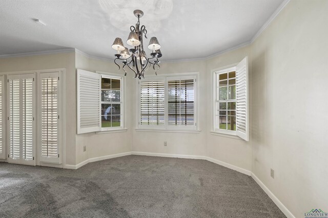 3 Ramblewood Dr, Longview, TX 75605 - unfurnished dining area with carpet flooring, a chandelier, crown molding, and baseboards