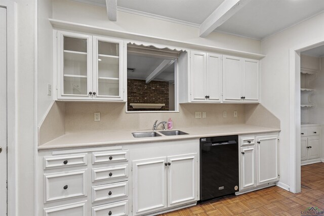 3 Ramblewood Dr, Longview, TX 75605 - kitchen featuring black dishwasher, a sink, light countertops, white cabinets, and ornamental molding