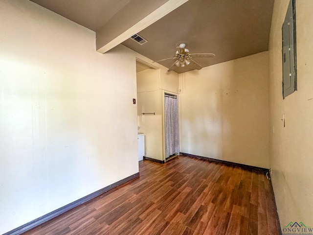 unfurnished room featuring dark hardwood / wood-style flooring, ceiling fan, electric panel, and beamed ceiling