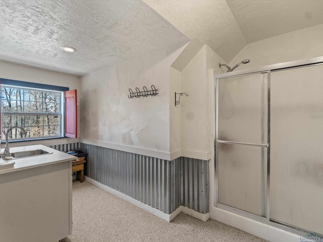 interior space featuring vanity, a shower with door, lofted ceiling, and a textured ceiling