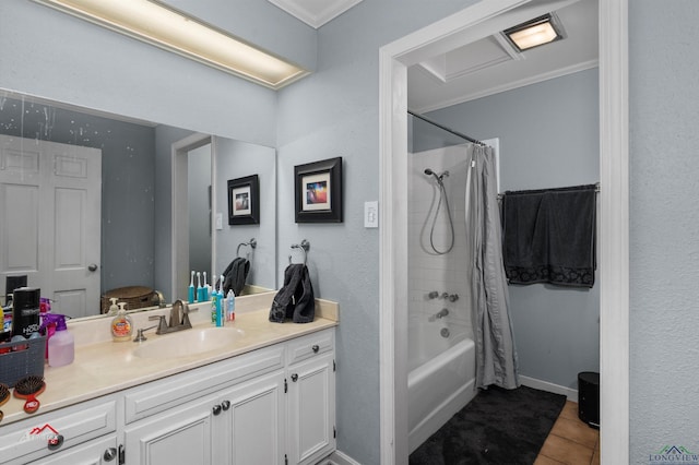 bathroom featuring shower / bath combination with curtain, vanity, tile patterned floors, and crown molding