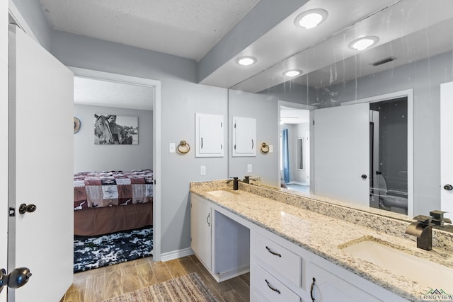 3955 E US Highway 79, Henderson, TX 75652 - bathroom with double vanity, wood finished floors, toilet, ensuite bath, and a textured ceiling