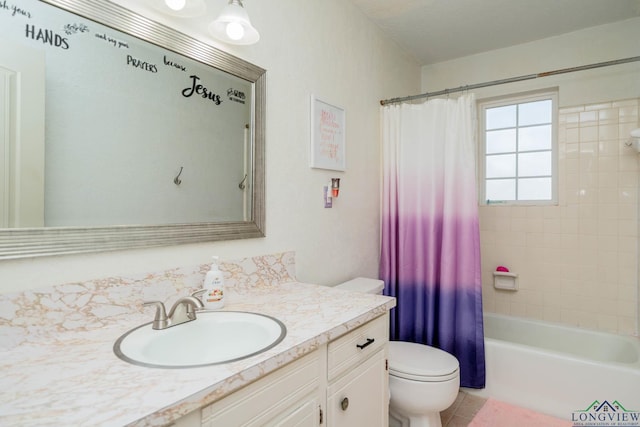 full bathroom with toilet, vanity, and shower / bathtub combination with curtain