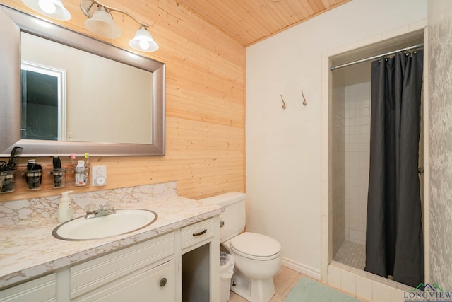 bathroom with toilet, walk in shower, wood walls, wooden ceiling, and vanity