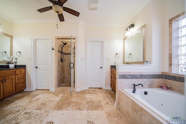 bathroom featuring vanity, plenty of natural light, ornamental molding, and shower with separate bathtub