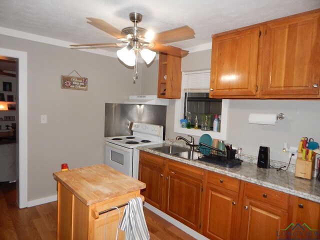 224 Hilltop Ave, Gilmer, TX 75644 - kitchen with white range with electric stovetop, a sink, wood finished floors, and a ceiling fan