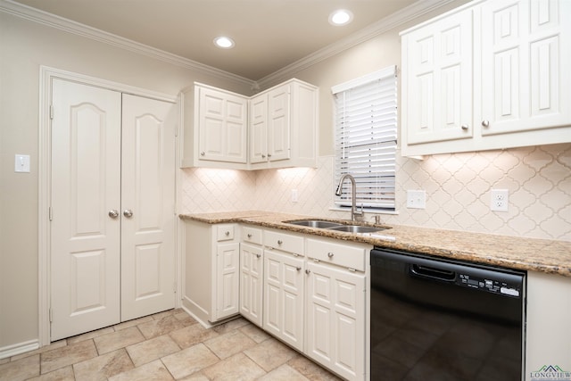 kitchen featuring white cabinetry, dishwasher, sink, and light stone counters