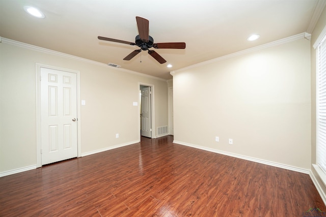 unfurnished room with ornamental molding, ceiling fan, and dark hardwood / wood-style flooring