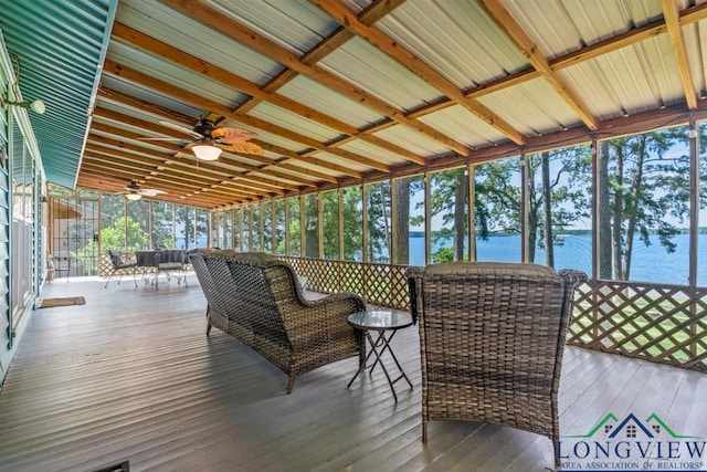 263 Crestwood Loop, Avinger, TX 75630 - wooden terrace with a water view and a ceiling fan