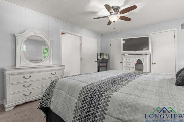 263 Crestwood Loop, Avinger, TX 75630 - carpeted bedroom featuring ceiling fan and crown molding