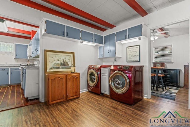263 Crestwood Loop, Avinger, TX 75630 - washroom featuring washer and dryer, dark wood-type flooring, and a ceiling fan