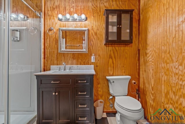 263 Crestwood Loop, Avinger, TX 75630 - full bath featuring a shower stall, vanity, and wood walls