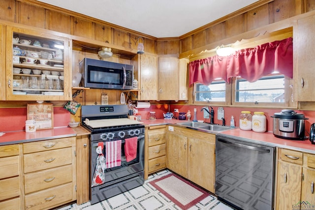 kitchen with sink, stainless steel appliances, and wood walls