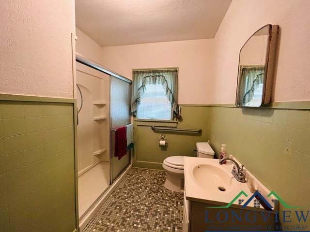 bathroom with vanity, toilet, and walk in shower