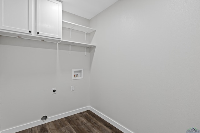 813 Kenwood Ln, Longview, TX 75604 - laundry area featuring baseboards, cabinet space, hookup for a washing machine, dark wood-style floors, and electric dryer hookup