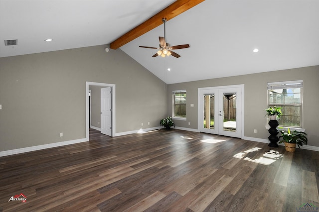 unfurnished living room featuring vaulted ceiling with beams, ceiling fan, french doors, and dark hardwood / wood-style flooring