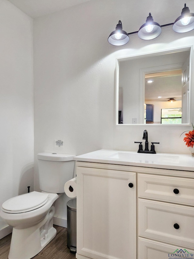 bathroom with vanity, toilet, and wood-type flooring