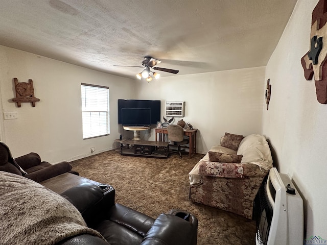 carpeted living room with a textured ceiling, an AC wall unit, and ceiling fan