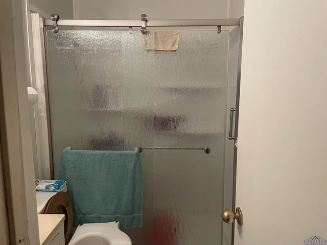 bathroom featuring vanity and a shower with shower door