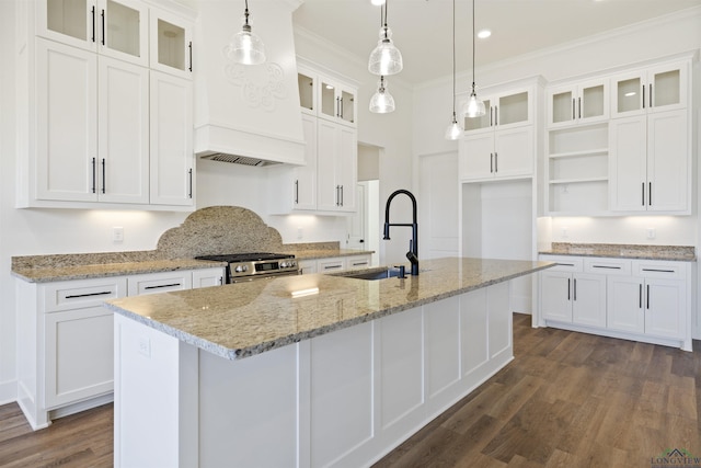 111 Mia Ln, Longview, TX 75604 - kitchen with a sink, gas stove, ornamental molding, dark wood-style floors, and white cabinetry